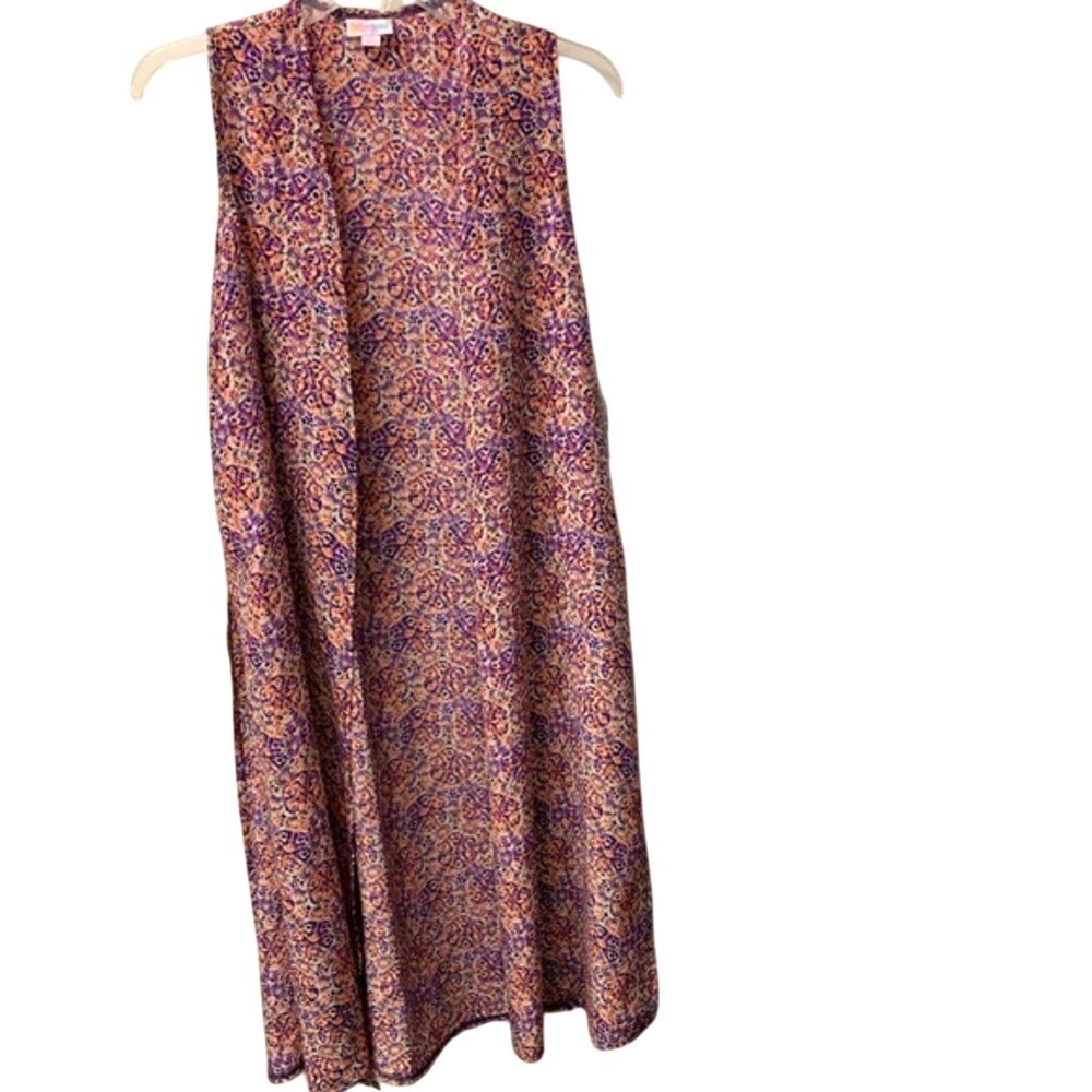 LuLaRoe Carly Maxi Vest Kimono Cardigan Purple Orange White Kaleidoscope Women S